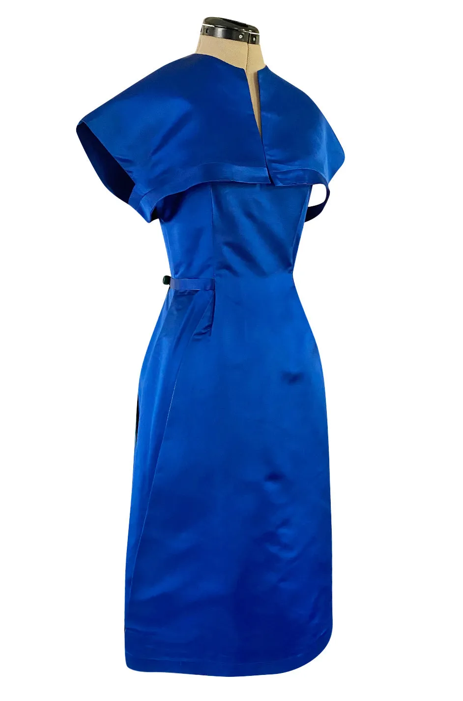 1950s Brilliant Blue Silk Satin Dress w Wrap Detailing & Matching Cropped Bolero Jacket