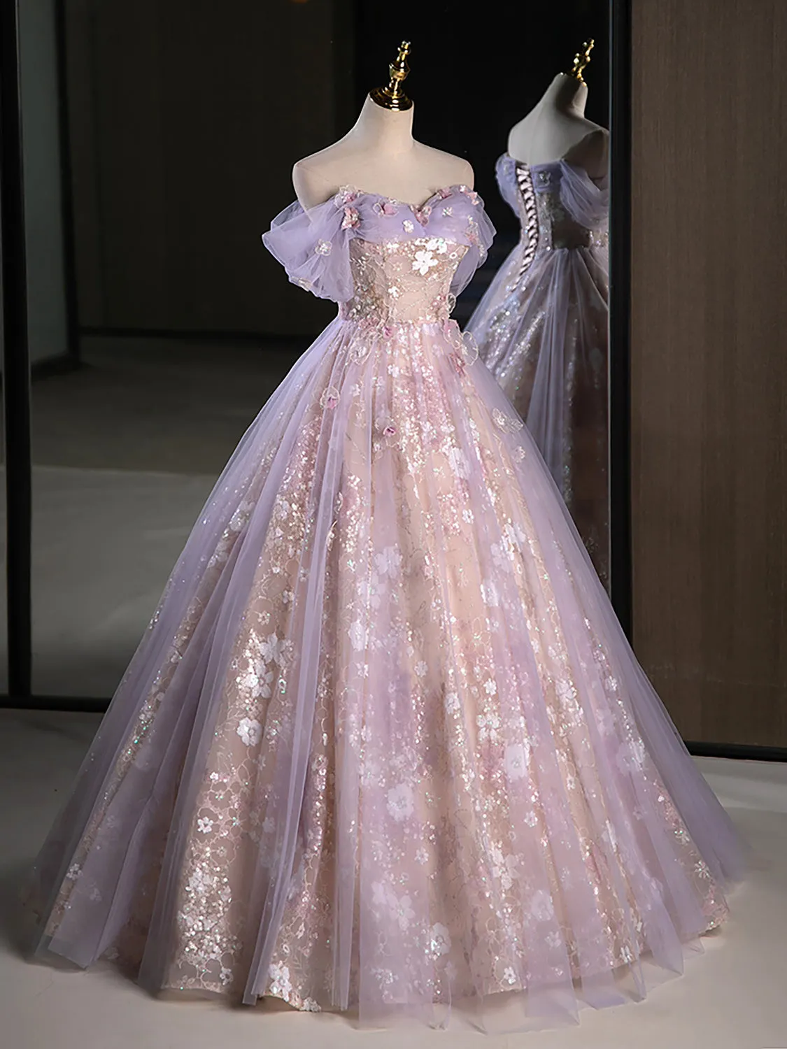 A-Line Off Shoulder Tulle Lace Purple Long Prom Dress, Purple Formal Dress