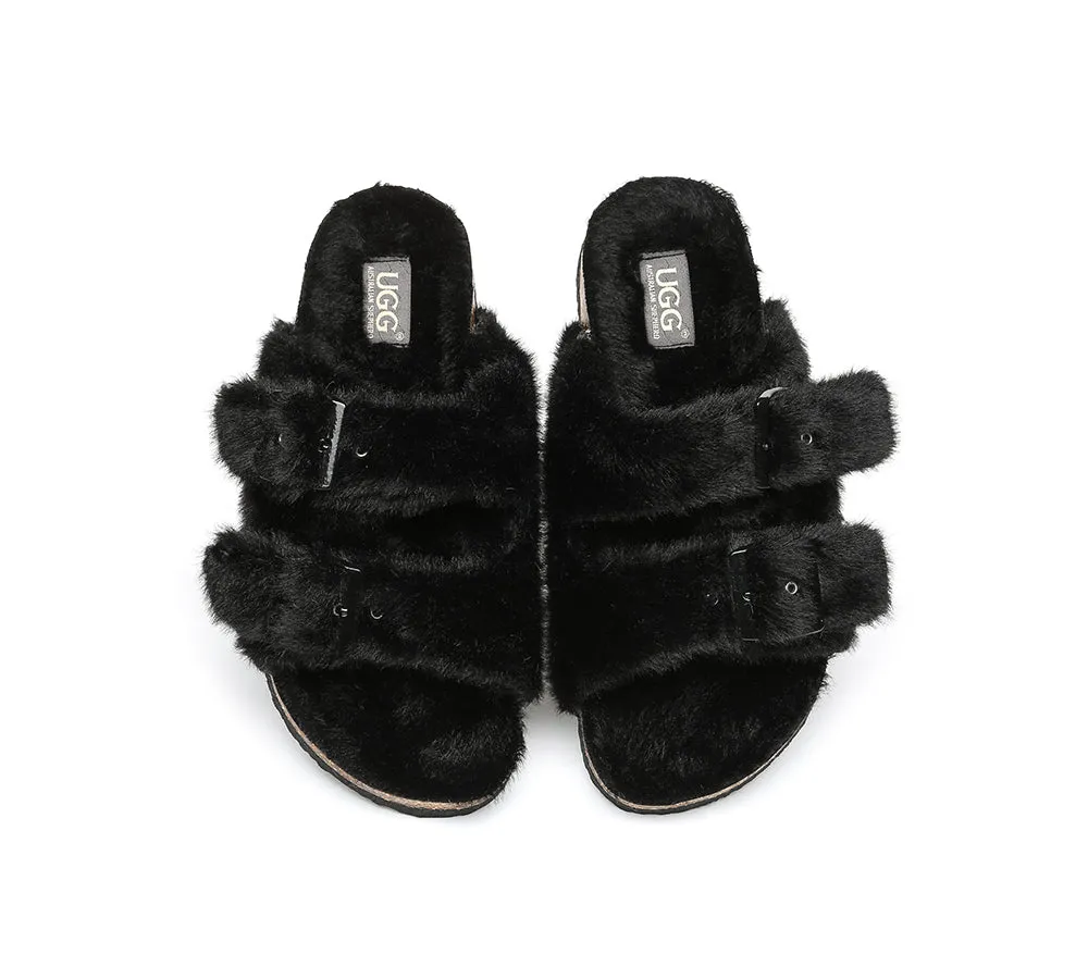 Australian Sheepskin Double Straps Fuzzy Slide Sandals