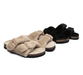 Australian Sheepskin Double Straps Fuzzy Slide Sandals