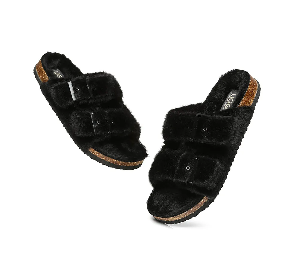 Australian Sheepskin Double Straps Fuzzy Slide Sandals