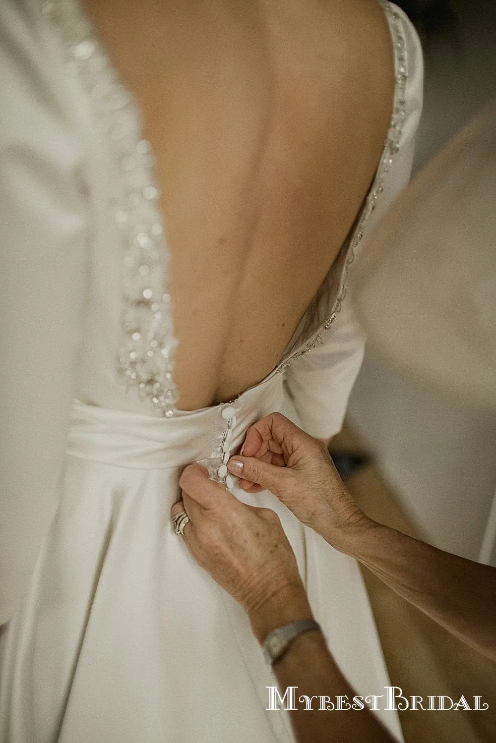 Backless Long Sleeves Ivory Satin Beaded A-line Wedding Dresses, TYP0020