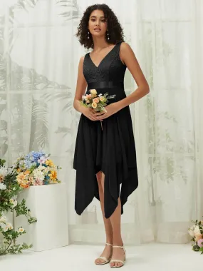 Black Lace V-Neck Sleeveless Midi Length Chiffon Flowy Bridesmaid Dresses