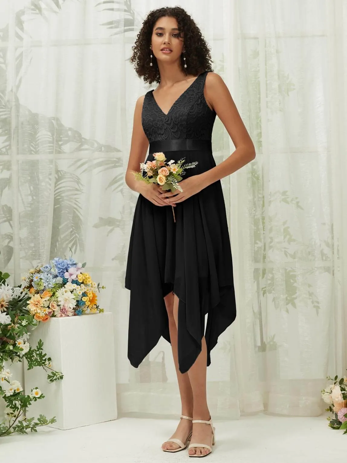 Black Lace V-Neck Sleeveless Midi Length Chiffon Flowy Bridesmaid Dresses