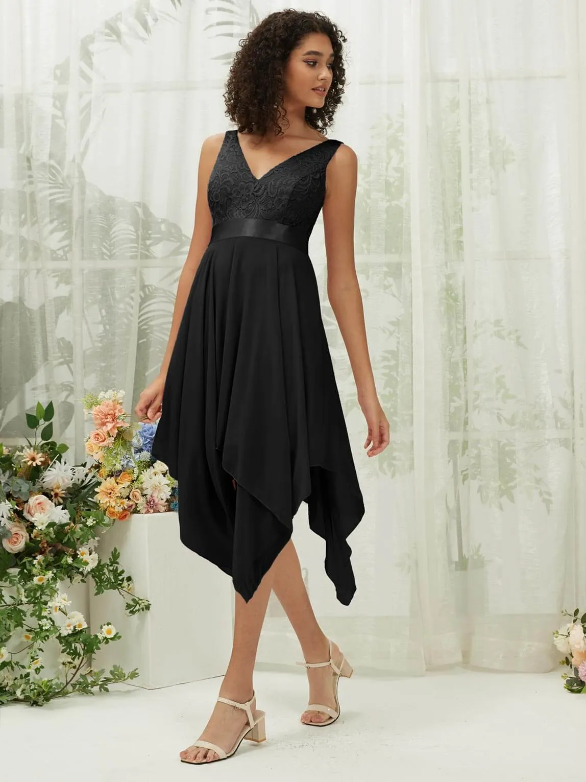 Black Lace V-Neck Sleeveless Midi Length Chiffon Flowy Bridesmaid Dresses