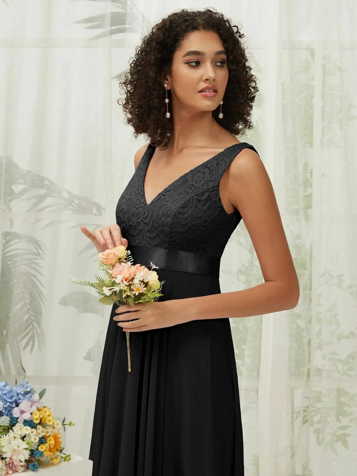 Black Lace V-Neck Sleeveless Midi Length Chiffon Flowy Bridesmaid Dresses