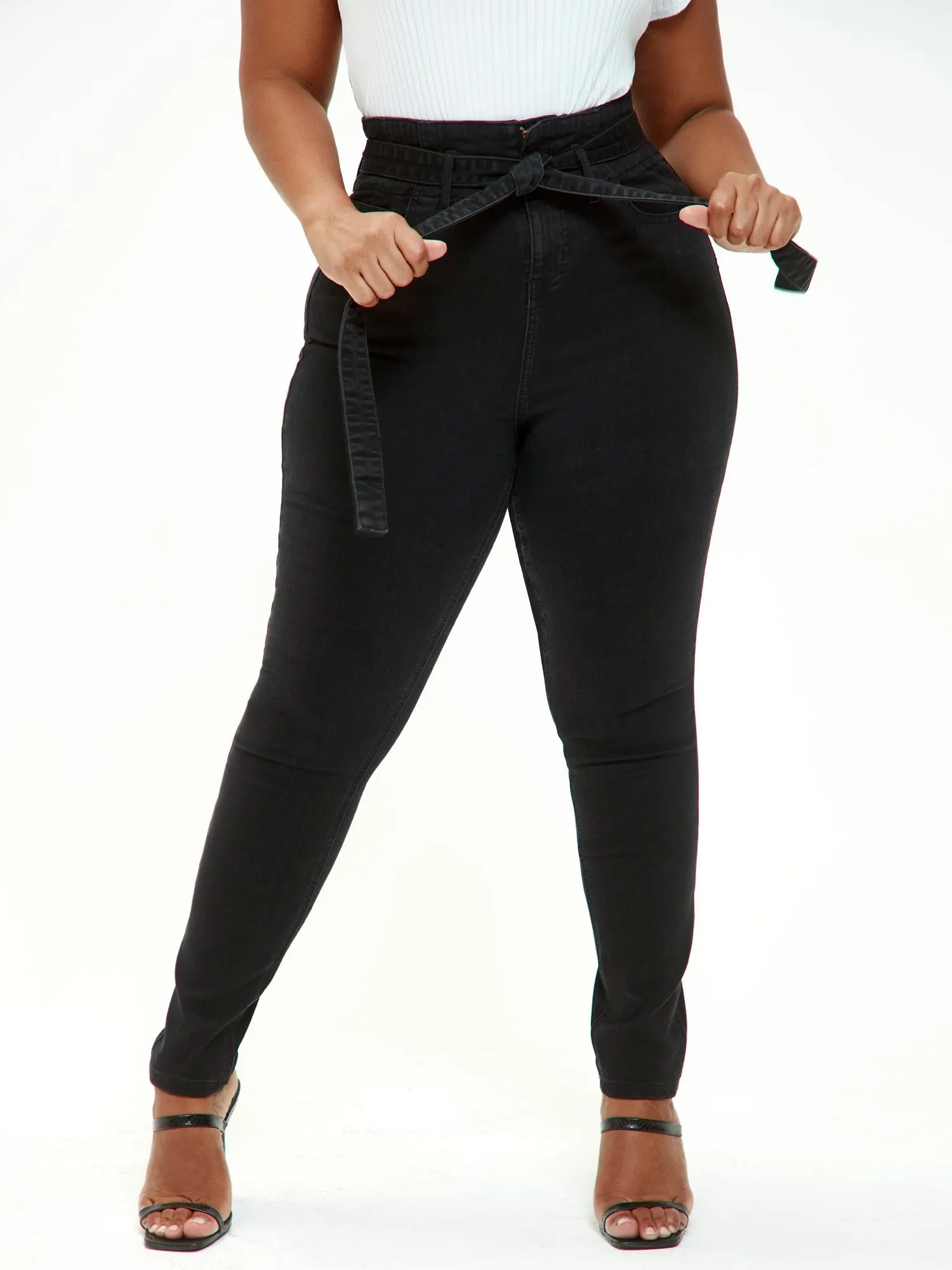 Black Ultra High Rise Self Tie Skinny Jeans - Short Inseam