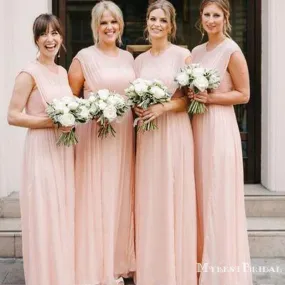 Blush Pink Cap Sleeves Scoop Neck A Line Chiffon Bridesmaid Dresses, TYP0010