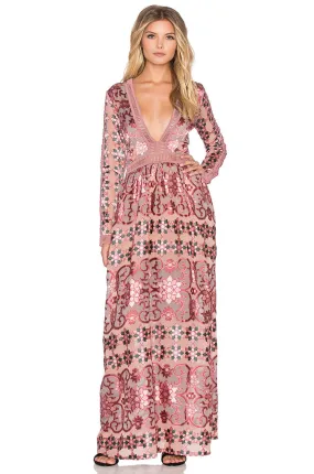 Boho Maxi Dress "Juliet" Pink Mosaic Print With Blush Pink Ladder Crochet Plunging V Neck Elegant Gown Sizes Small Medium Or Large