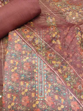 Brown Pashmina Unstitched Suit With Thread Embroidery