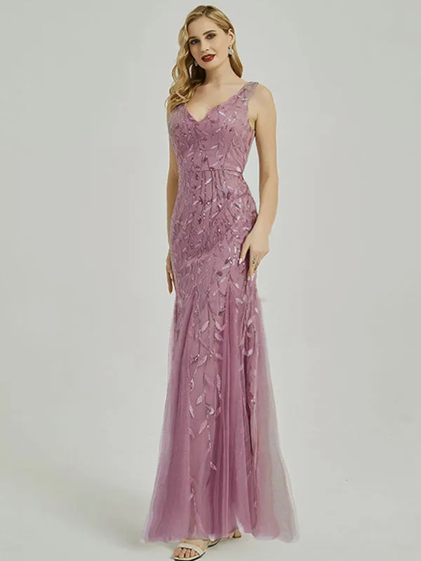 Burgundy V-Neck Sleeveless Sequined Mermaid Evening Dress for Brides