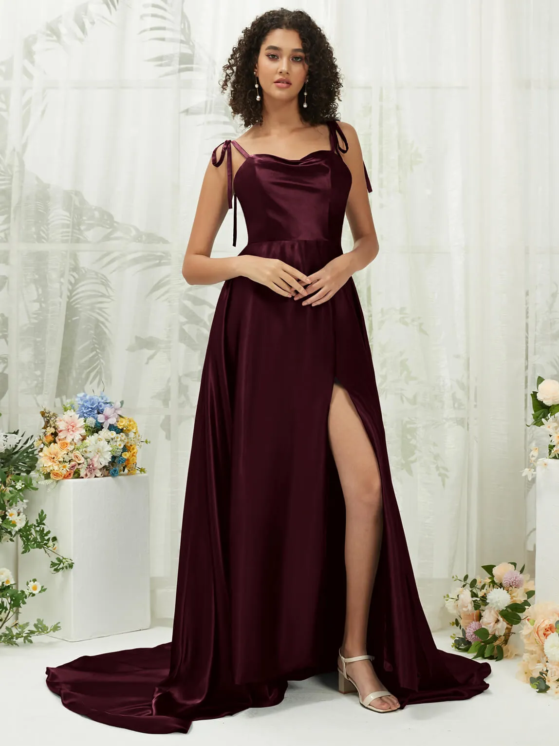 Cabernet Satin Sweetheart Adjustable Straps Formal Gown With Pocket