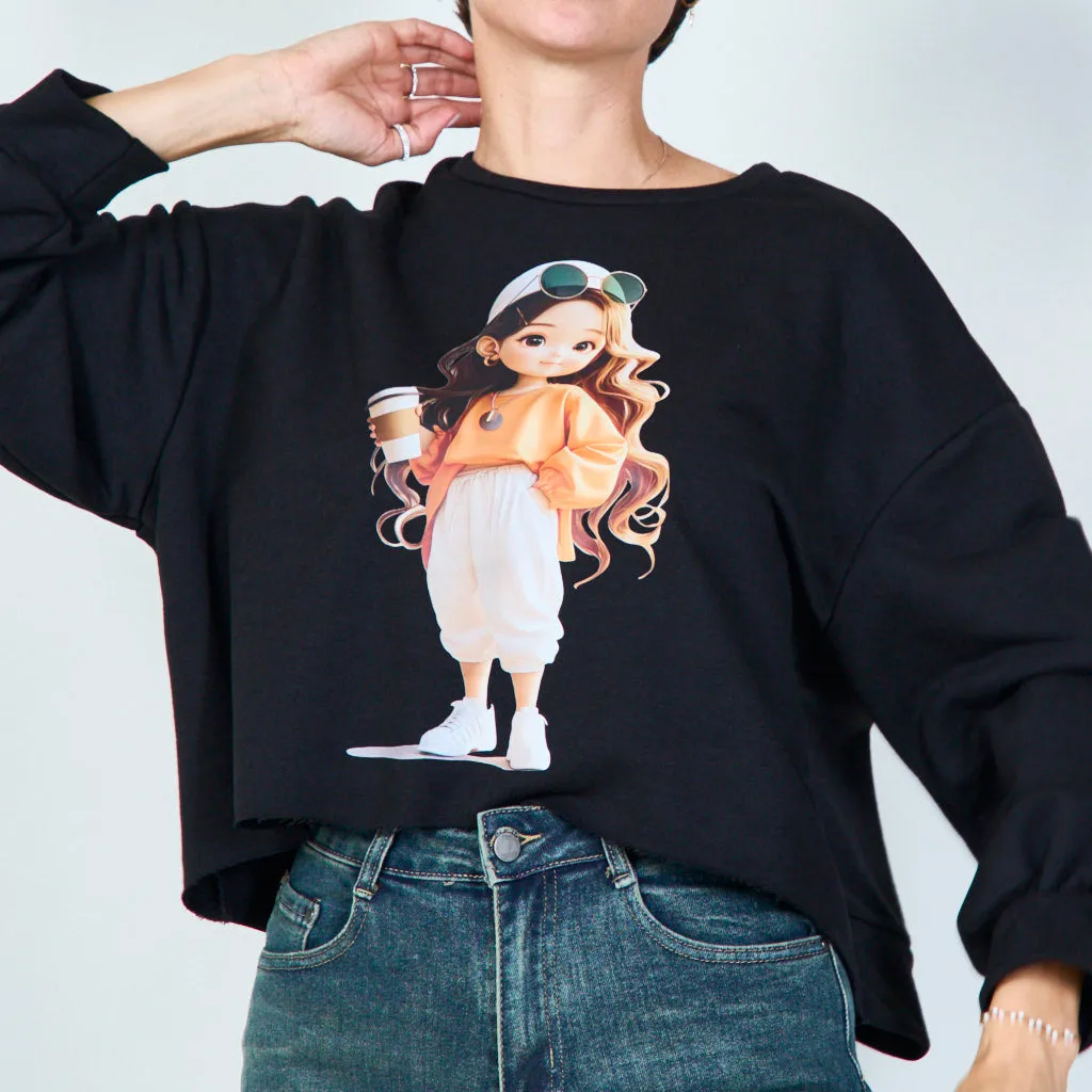 Casual graphic sweatshirt with stylish anime girl print wholesale