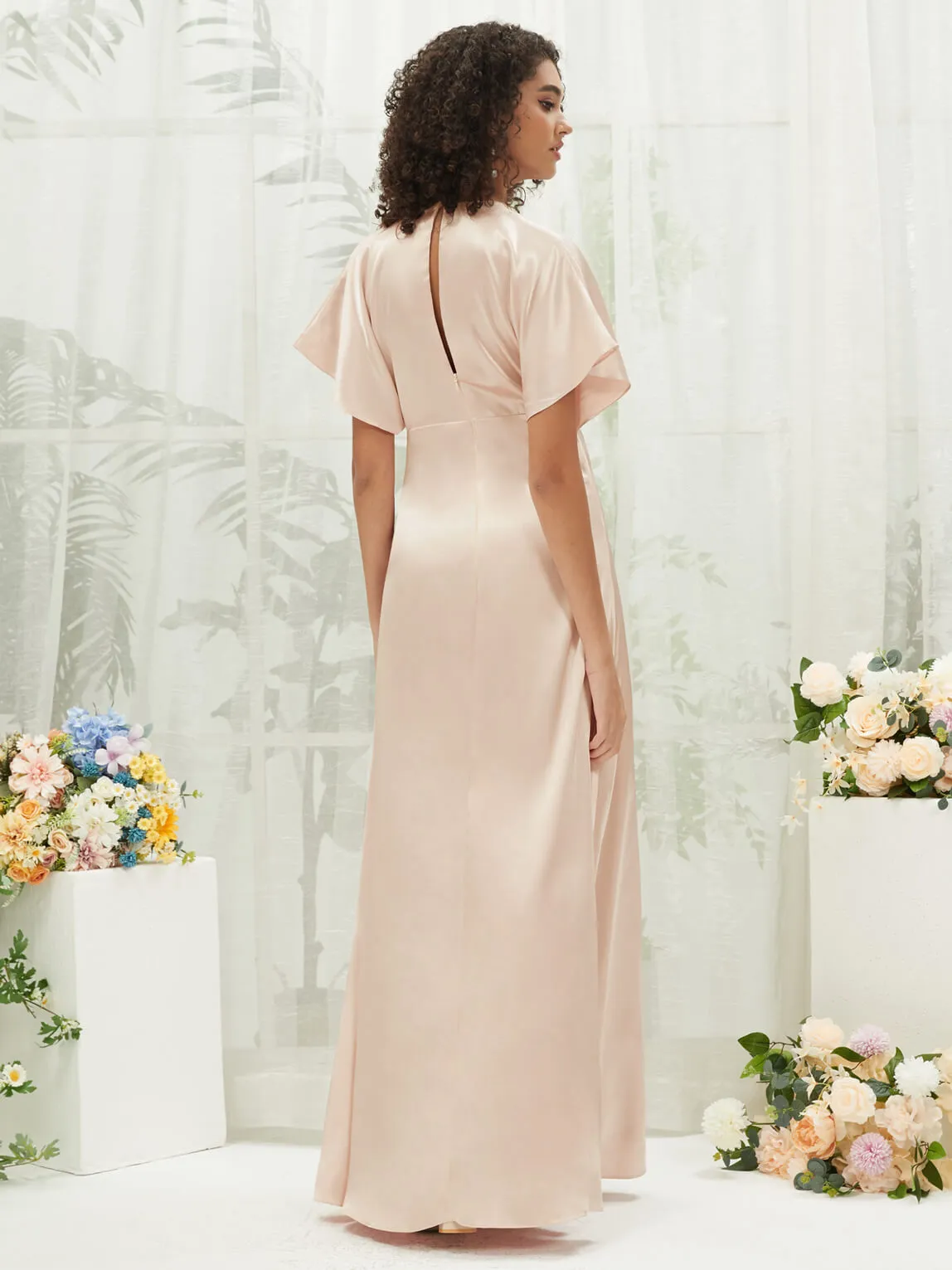 Champagne V-Neck Short Sleeve Satin Maxi Bridesmaid Dress With Slit