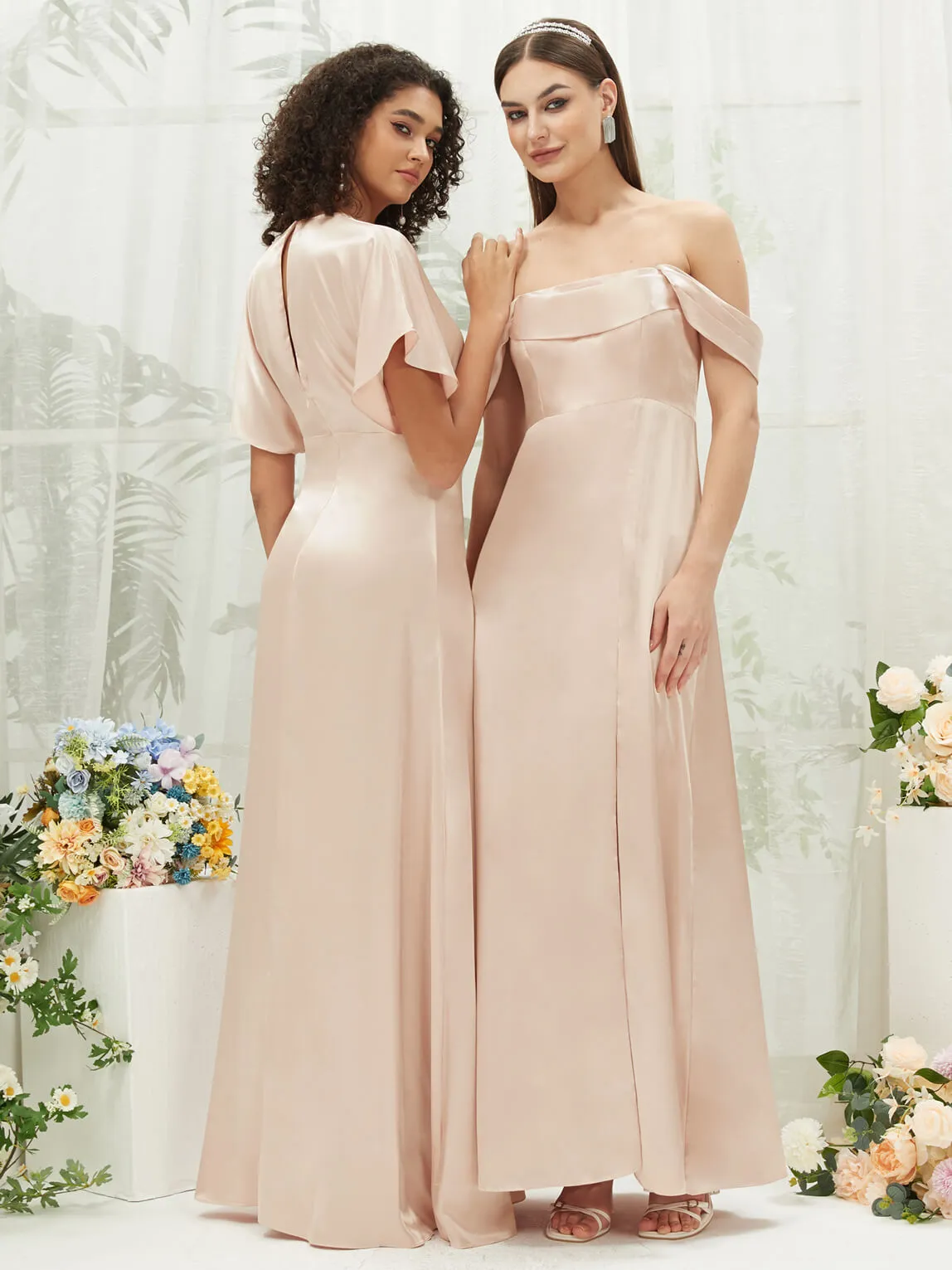 Champagne V-Neck Short Sleeve Satin Maxi Bridesmaid Dress With Slit