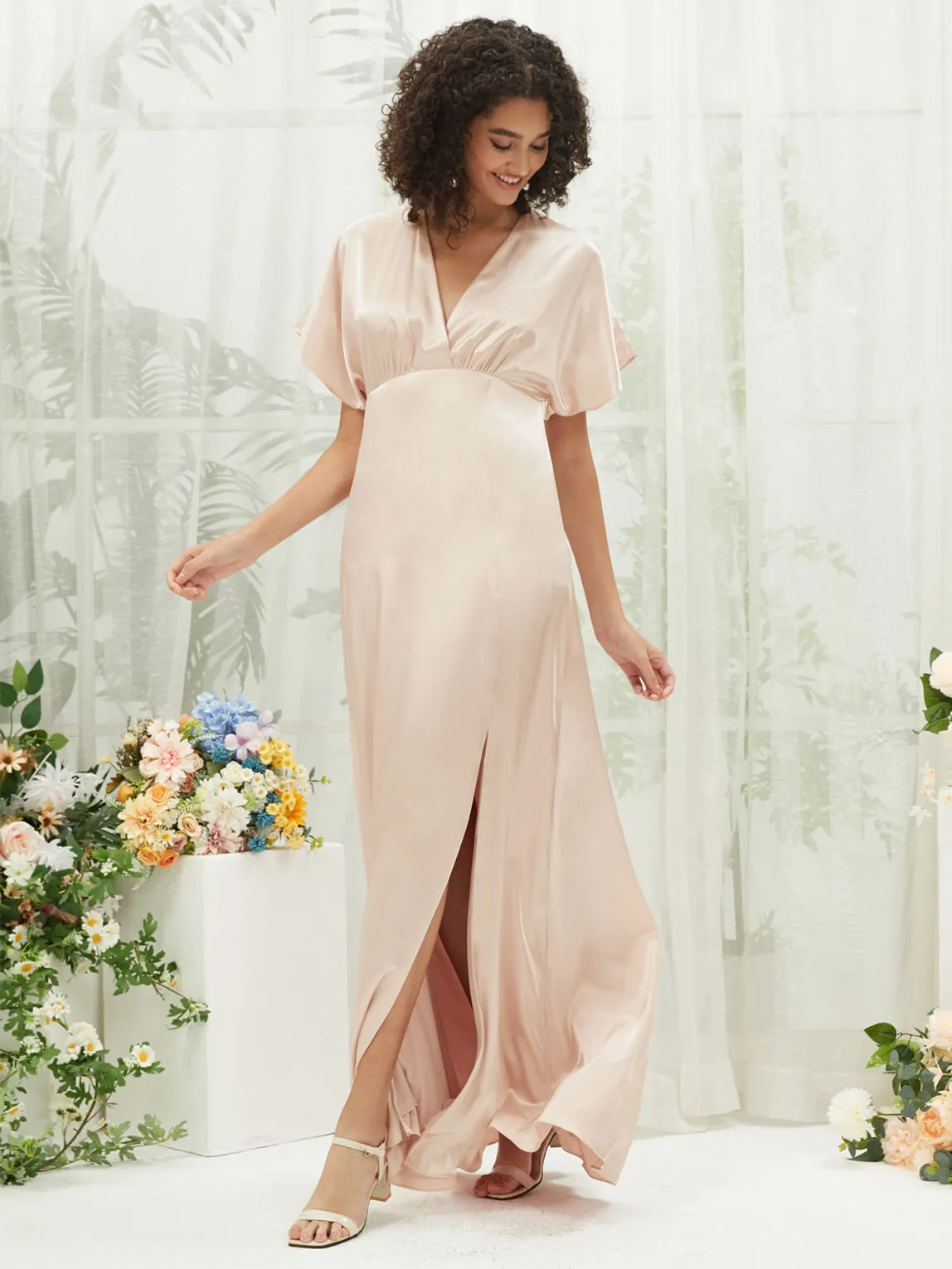 Champagne V-Neck Short Sleeve Satin Maxi Bridesmaid Dress With Slit