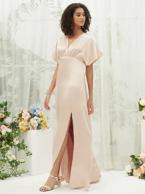 Champagne V-Neck Short Sleeve Satin Maxi Bridesmaid Dress With Slit