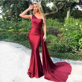 Charming One Shoulder Burgundy Mermaid Long Cheap Bridesmaid Dresses, BDS0114