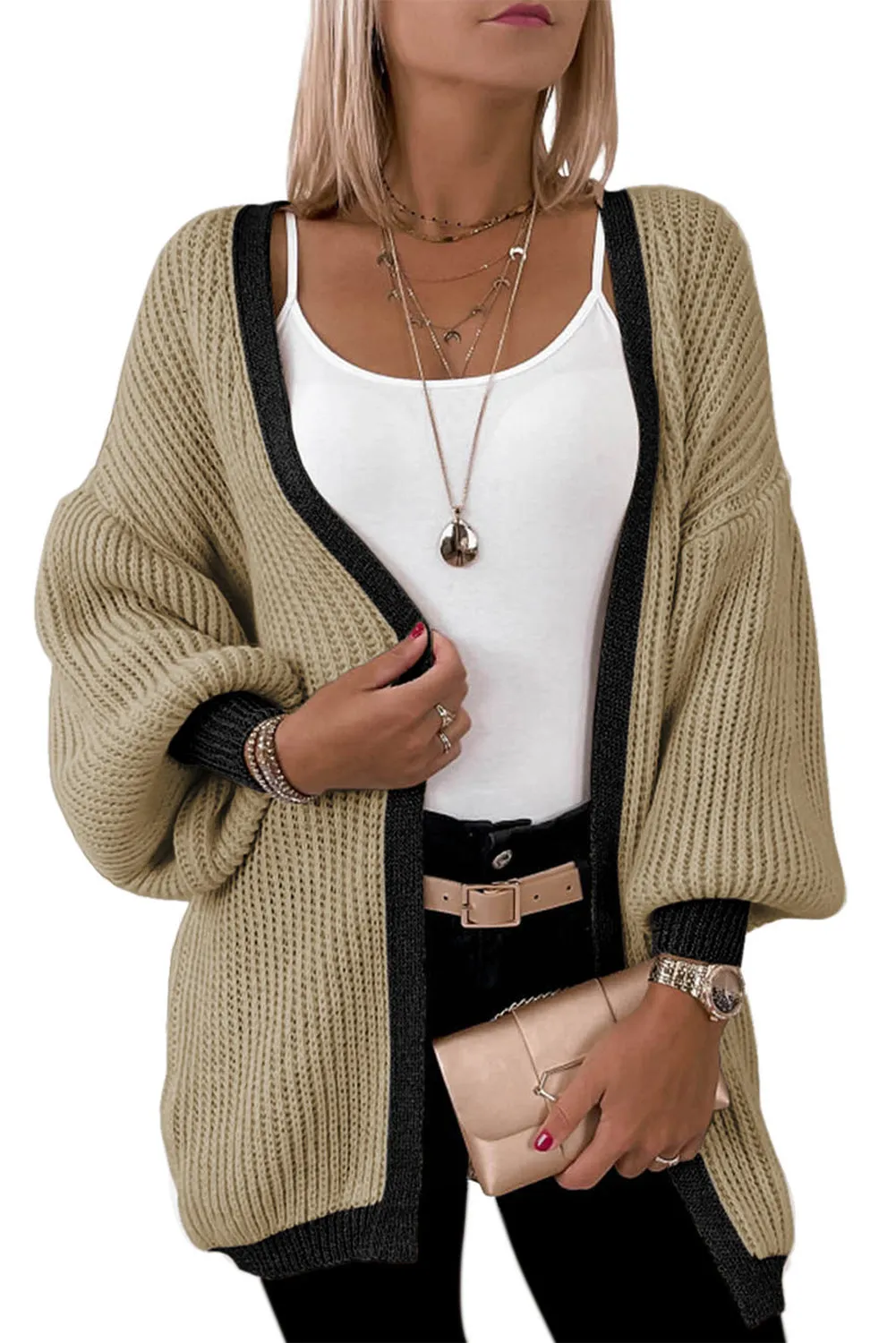 Contrast Solid Drop Shoulder Cardigan