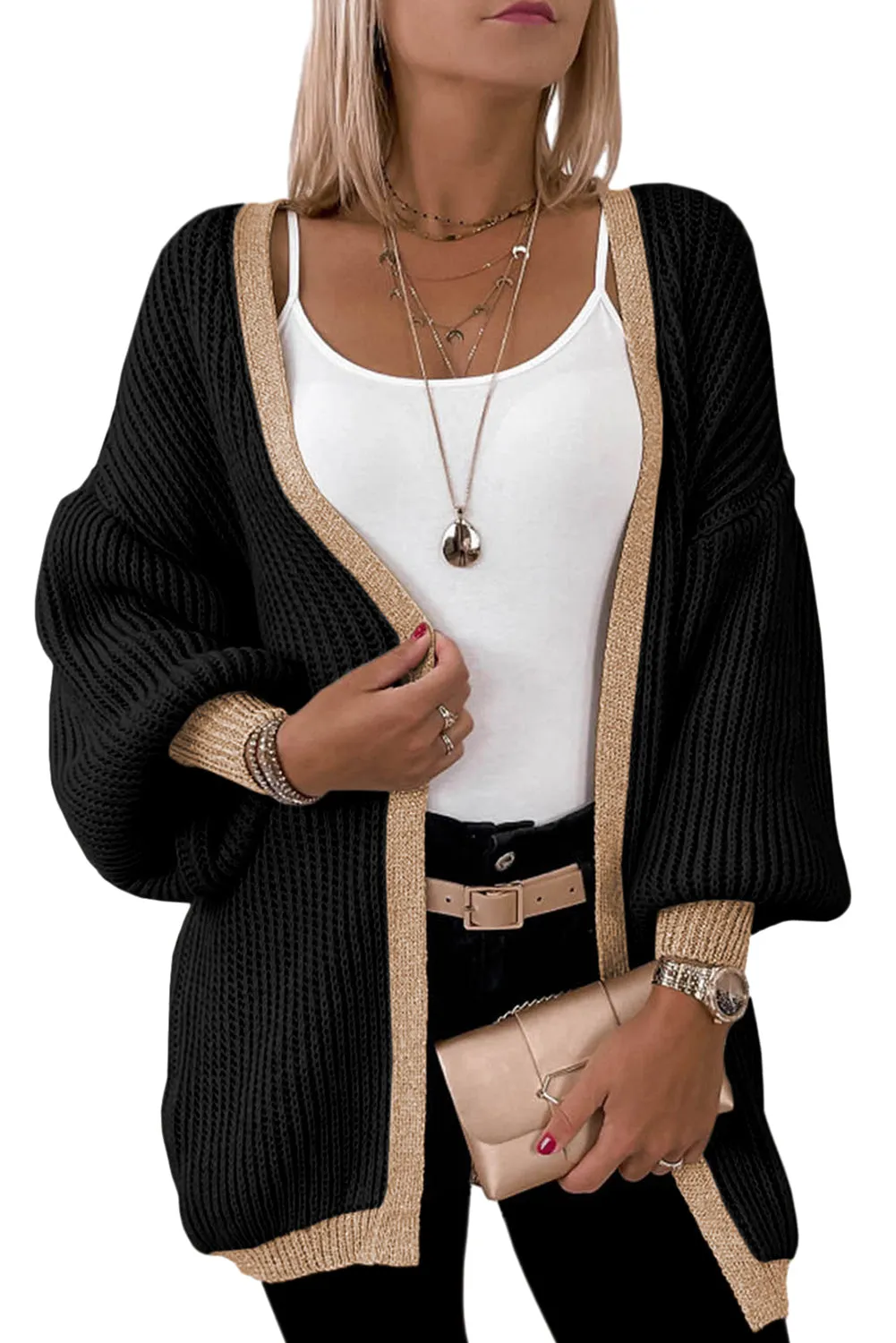 Contrast Solid Drop Shoulder Cardigan