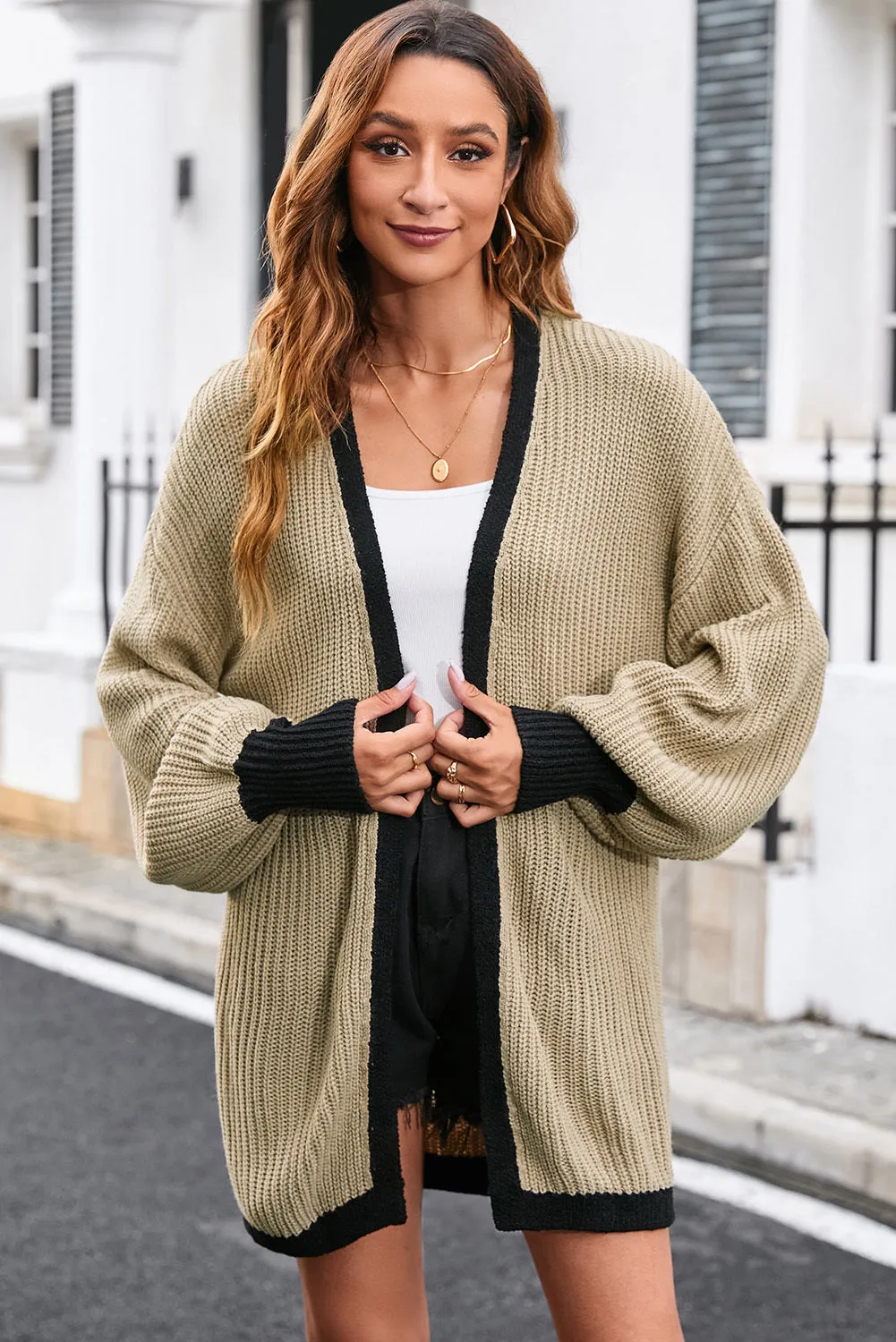 Contrast Solid Drop Shoulder Cardigan