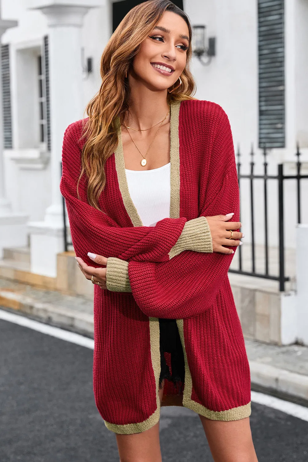 Contrast Solid Drop Shoulder Cardigan