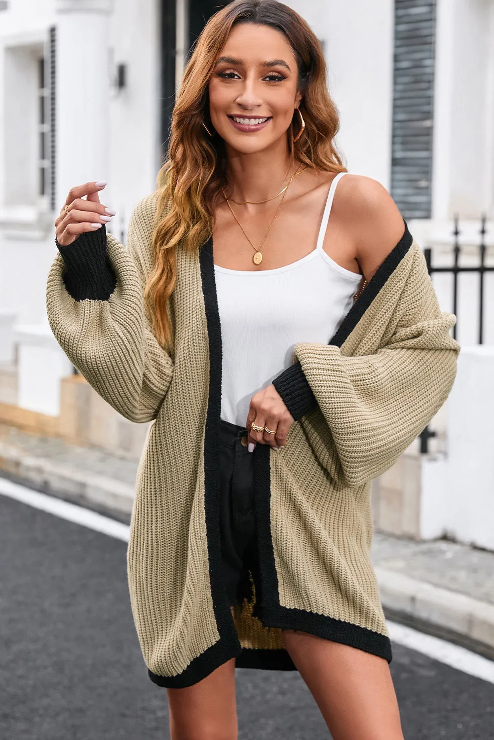 Contrast Solid Drop Shoulder Cardigan