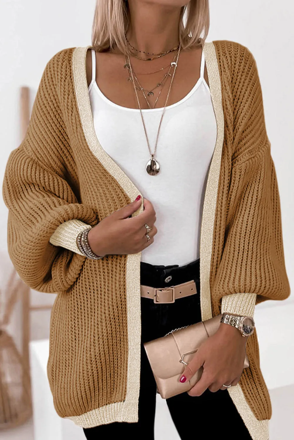 Contrast Solid Drop Shoulder Cardigan