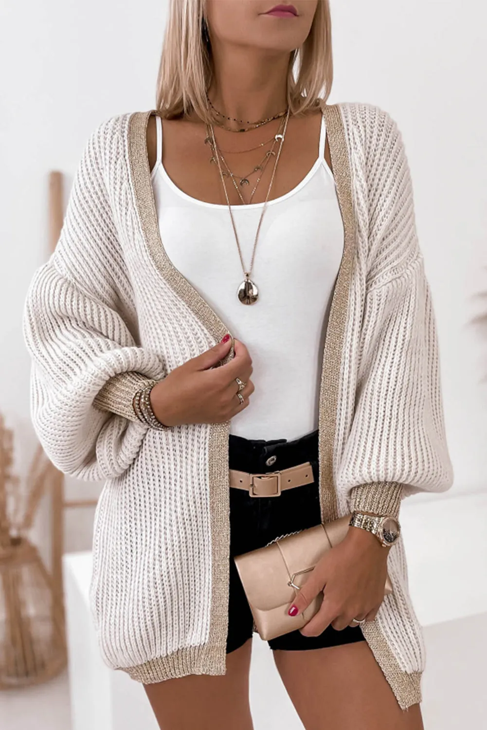 Contrast Solid Drop Shoulder Cardigan