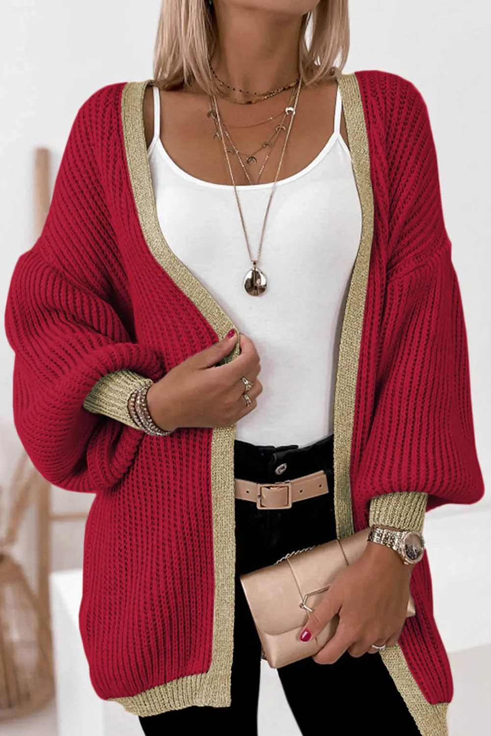 Contrast Solid Drop Shoulder Cardigan