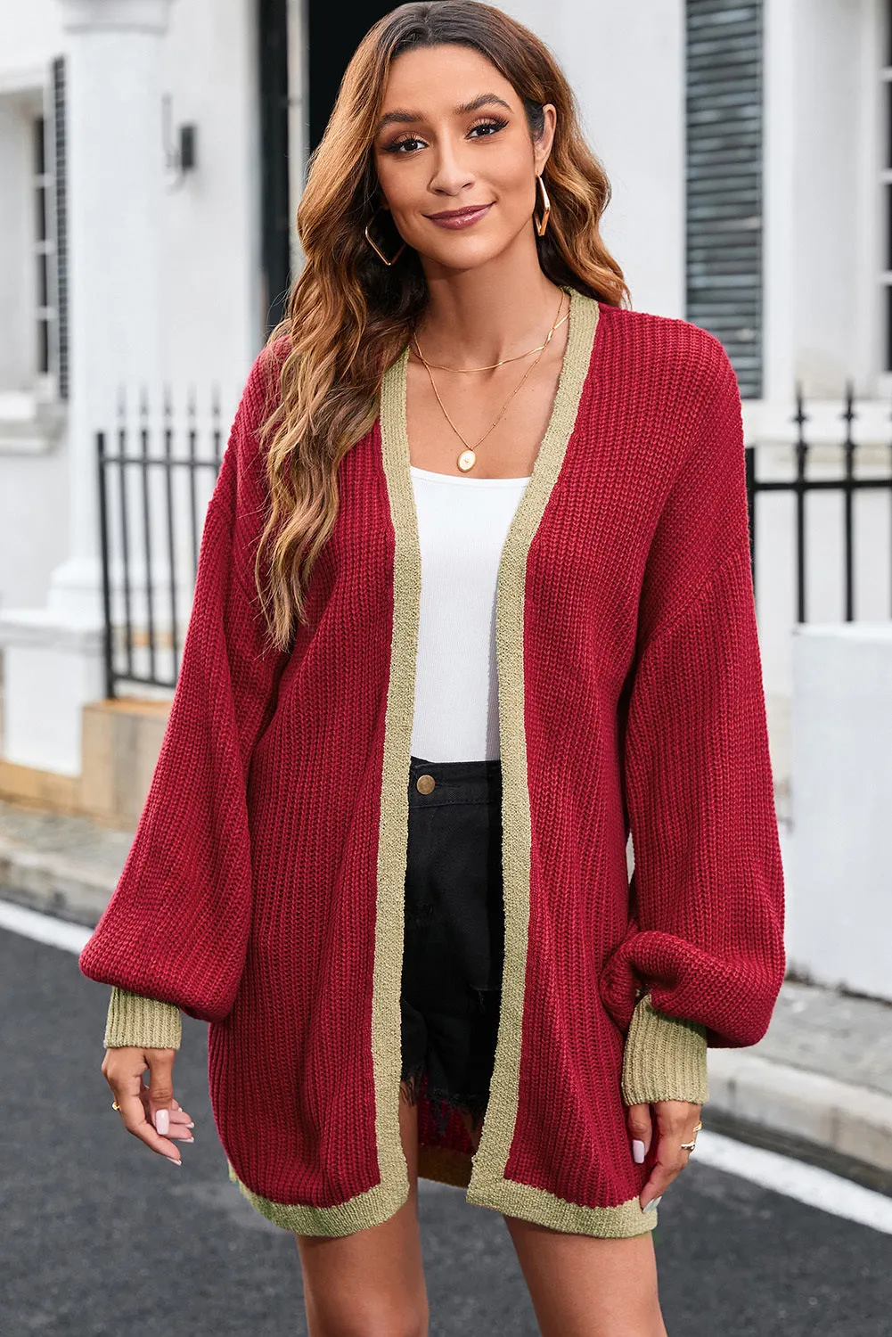 Contrast Solid Drop Shoulder Cardigan