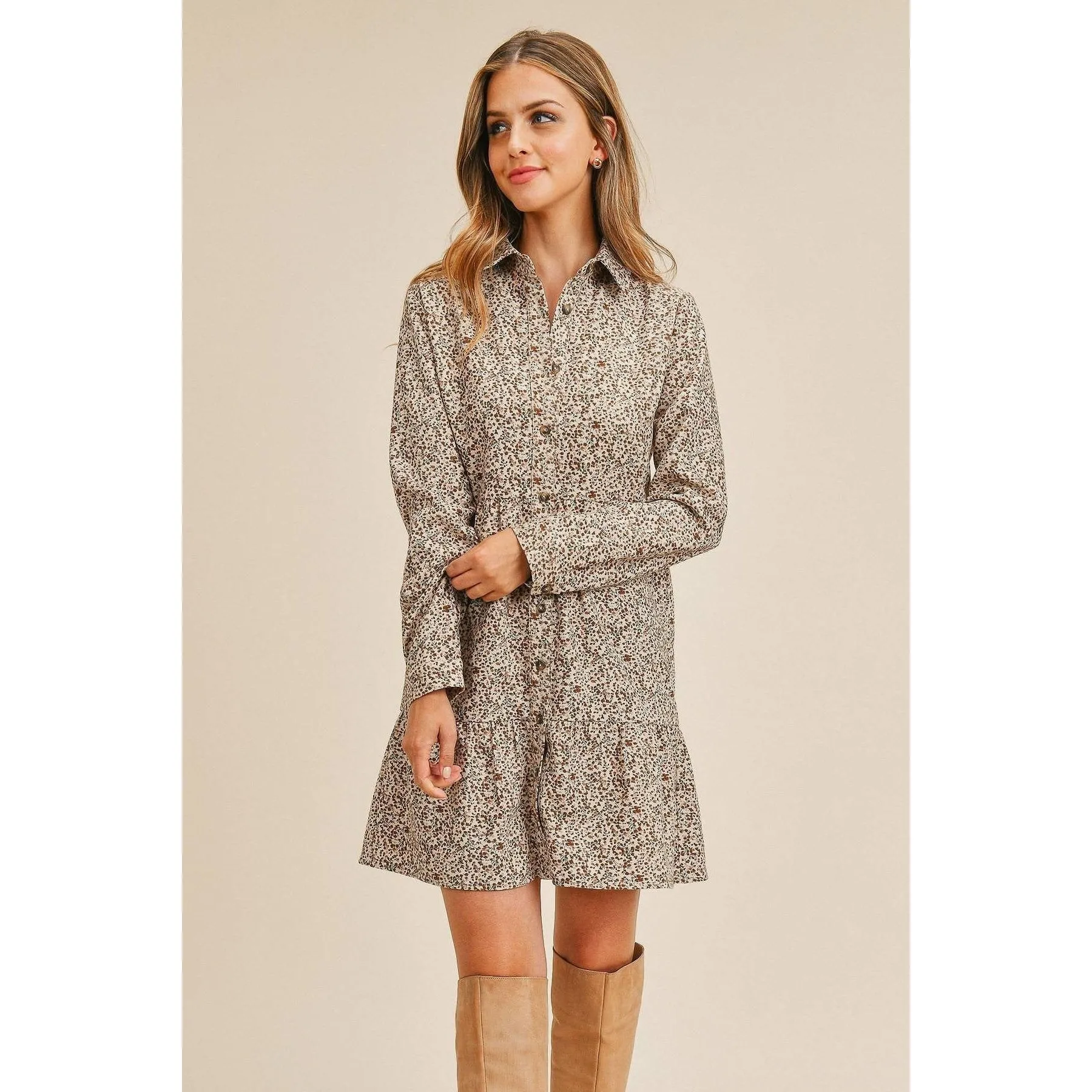 Corduroy Printed Button Down Front Collar Long Sleeve Dress