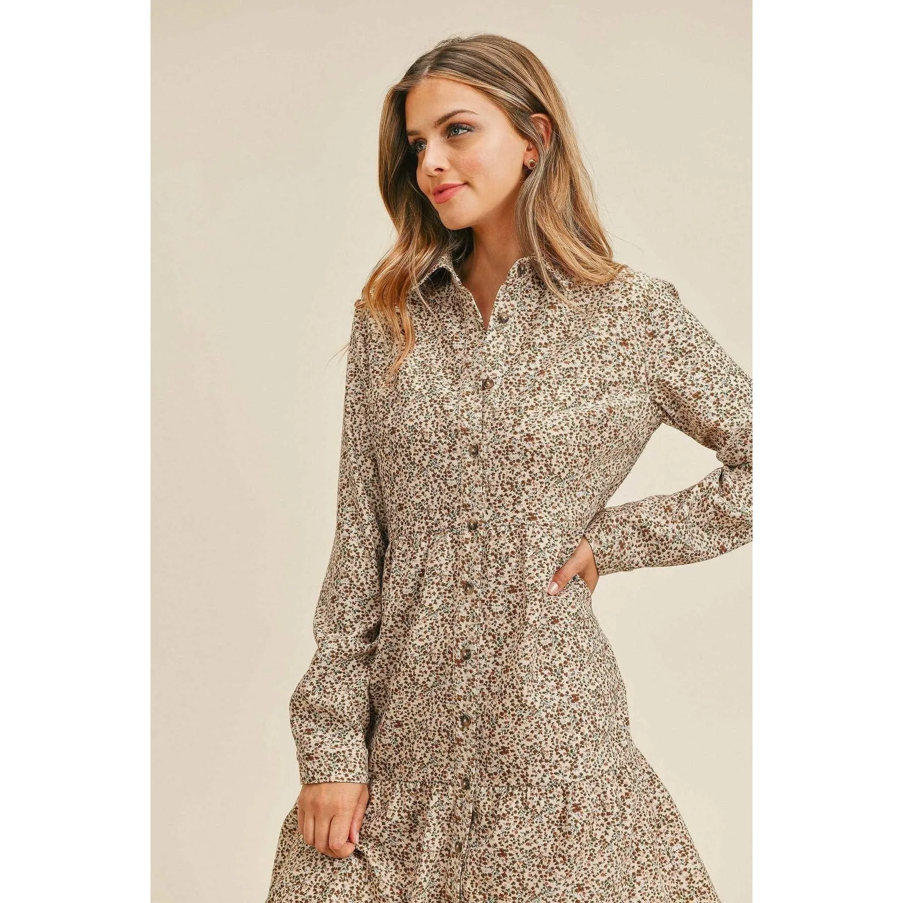 Corduroy Printed Button Down Front Collar Long Sleeve Dress