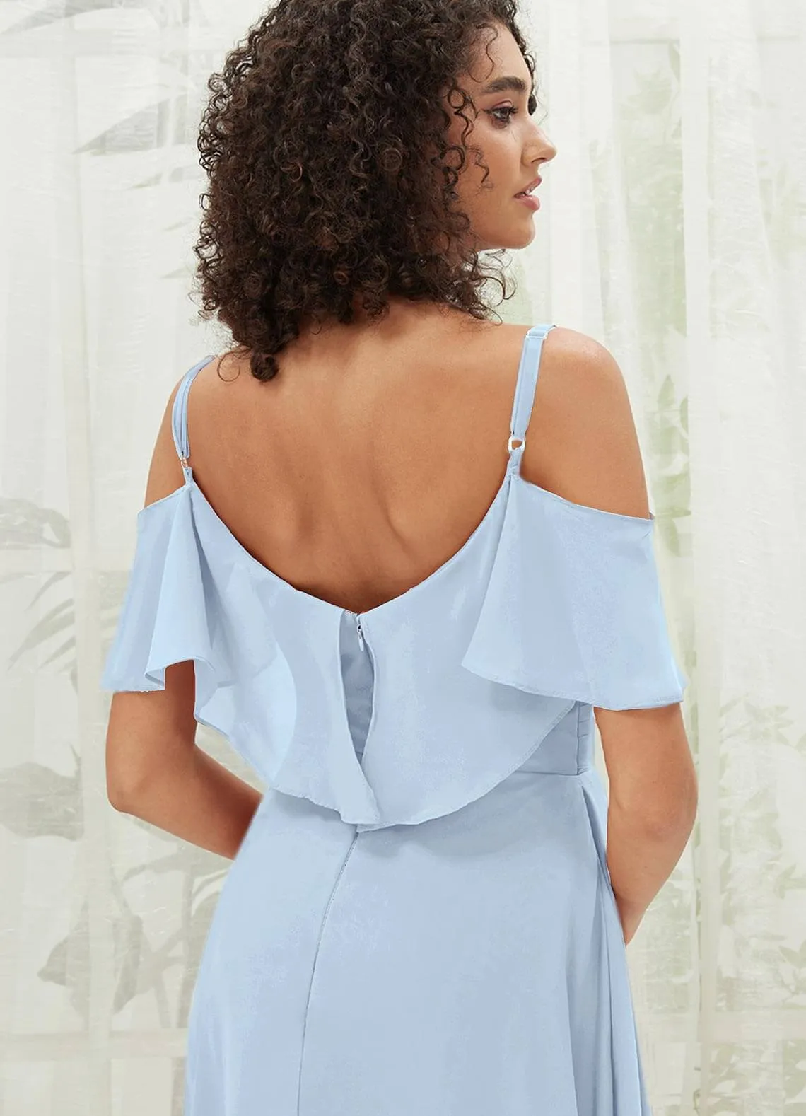 Cornflower Blue Chiffon Ruffle Cold Shoulder Sweetheart Bridesmaid Dress