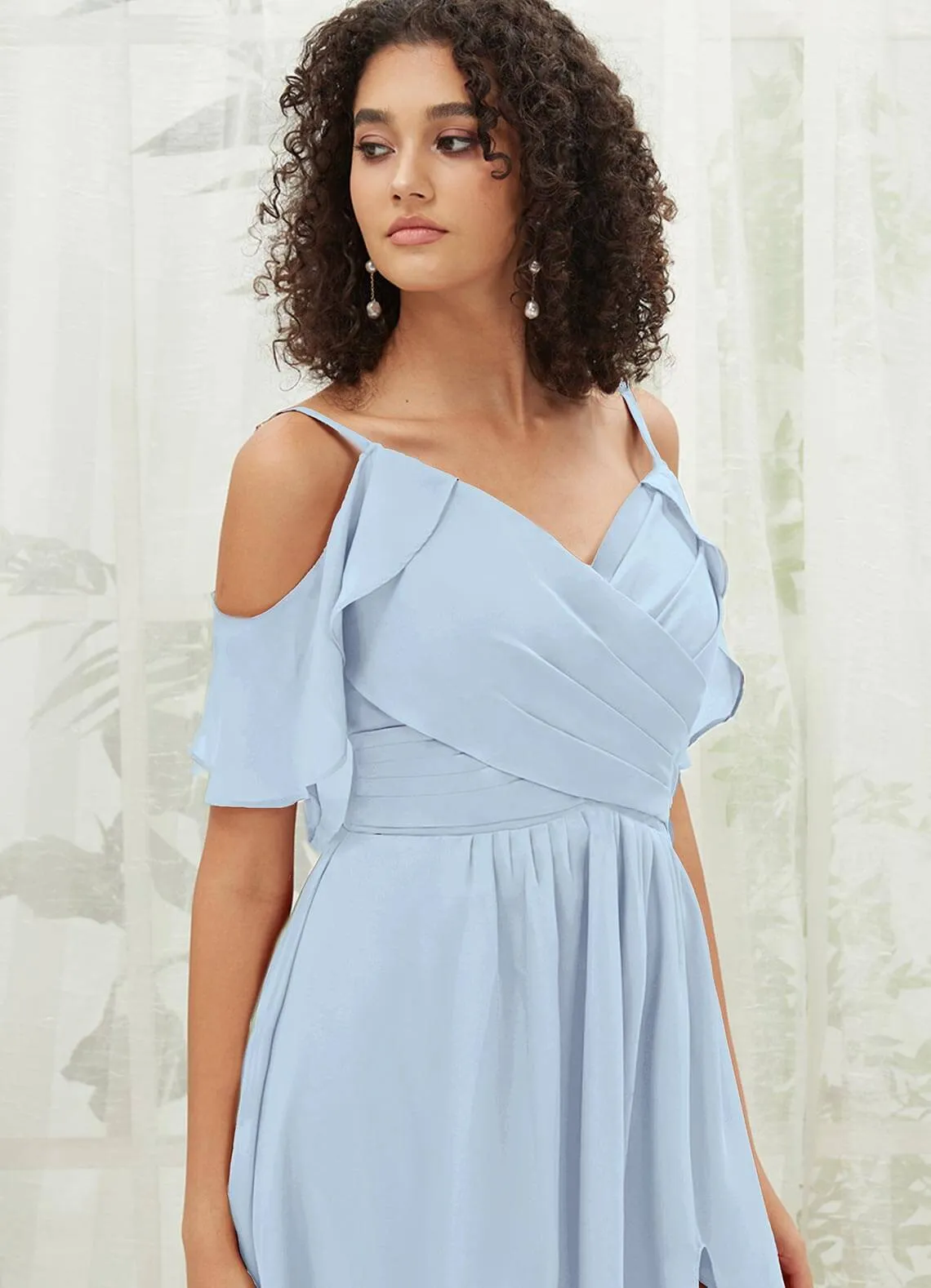 Cornflower Blue Chiffon Ruffle Cold Shoulder Sweetheart Bridesmaid Dress