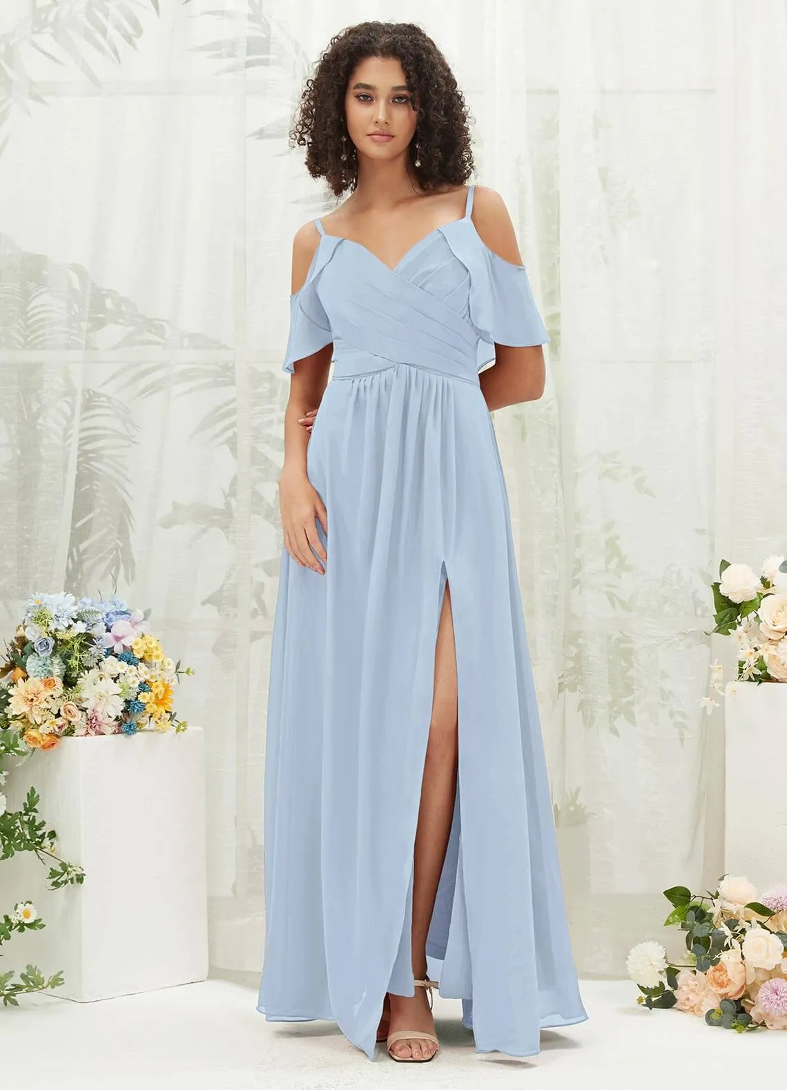 Cornflower Blue Chiffon Ruffle Cold Shoulder Sweetheart Bridesmaid Dress