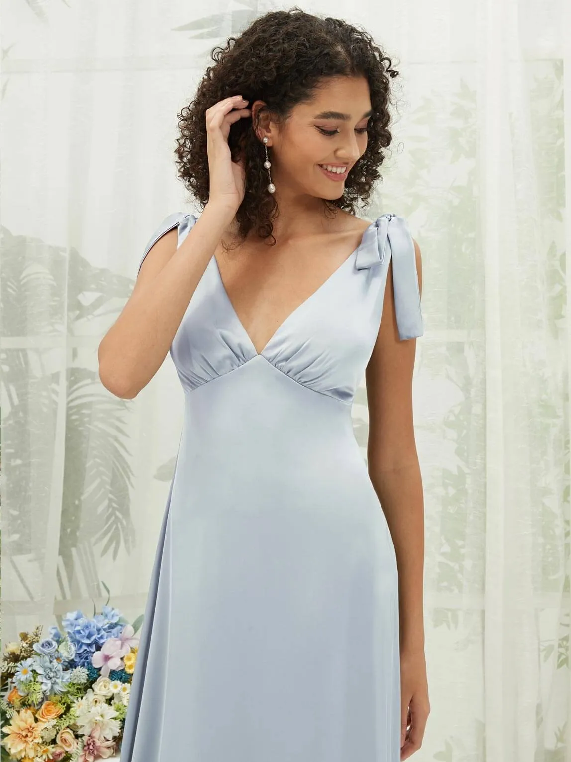 Cornflower Blue V-Neck Detachable Bow Straps V-Neck Silk Satin Convertible Bridesmaid Dress Tea Length