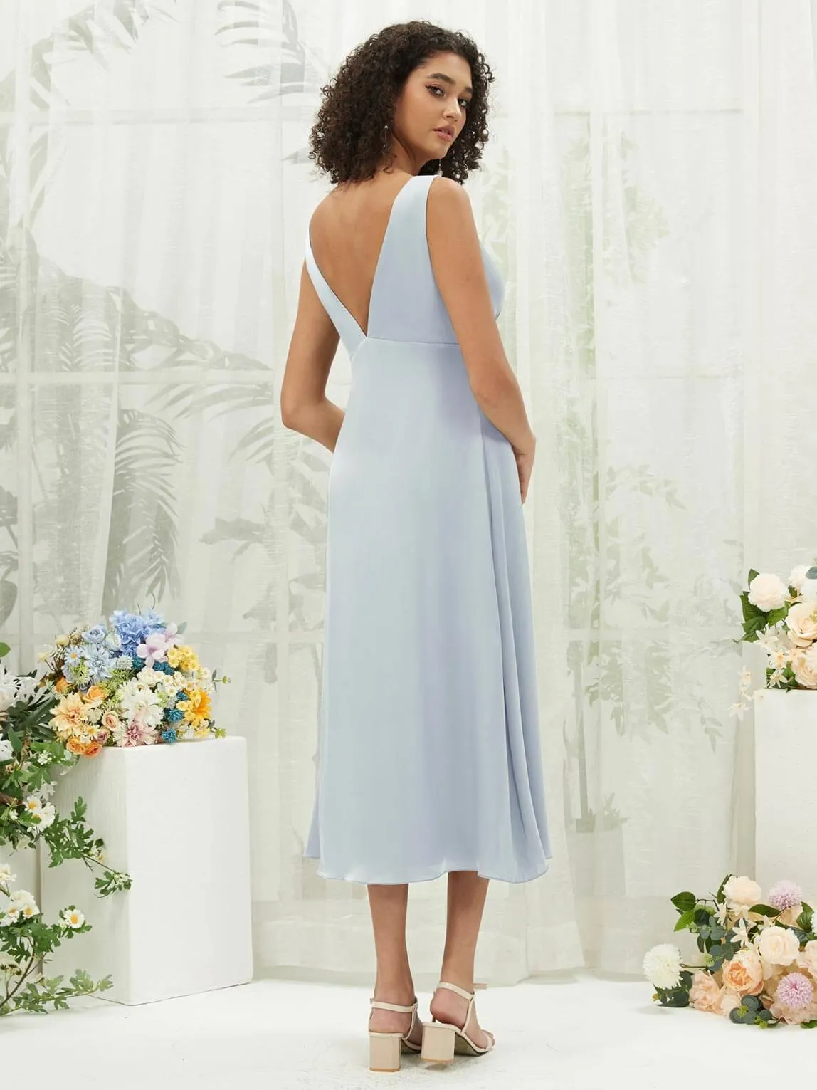 Cornflower Blue V-Neck Detachable Bow Straps V-Neck Silk Satin Convertible Bridesmaid Dress Tea Length