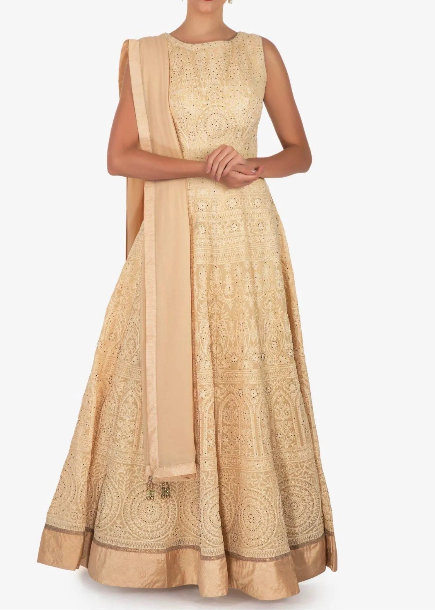 Cream anarkali suit featuring the heavy lucknowi thread work