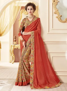 Crepe Silk Party Casual Printed Work Saree- orange