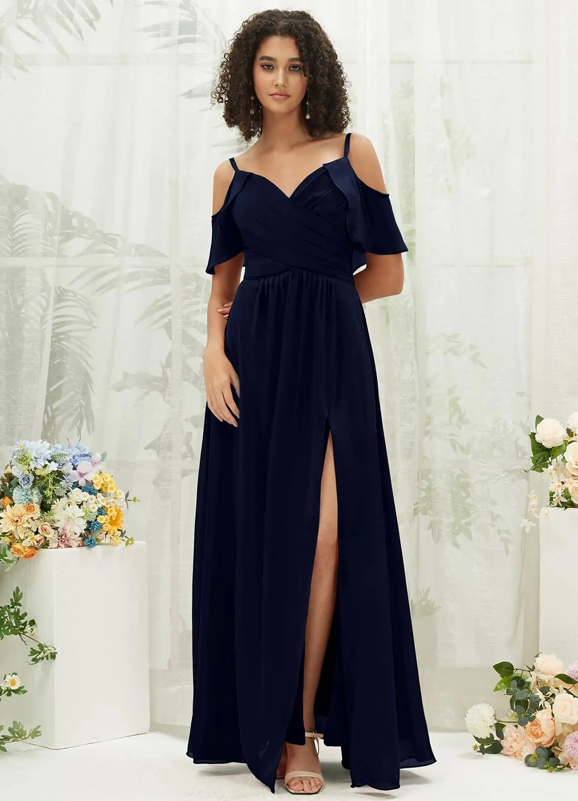 Dark Navy Chiffon Ruffle Cold Shoulder Sweetheart Bridesmaid Dress