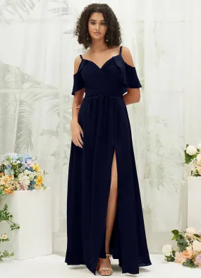 Dark Navy Chiffon Ruffle Cold Shoulder Sweetheart Bridesmaid Dress