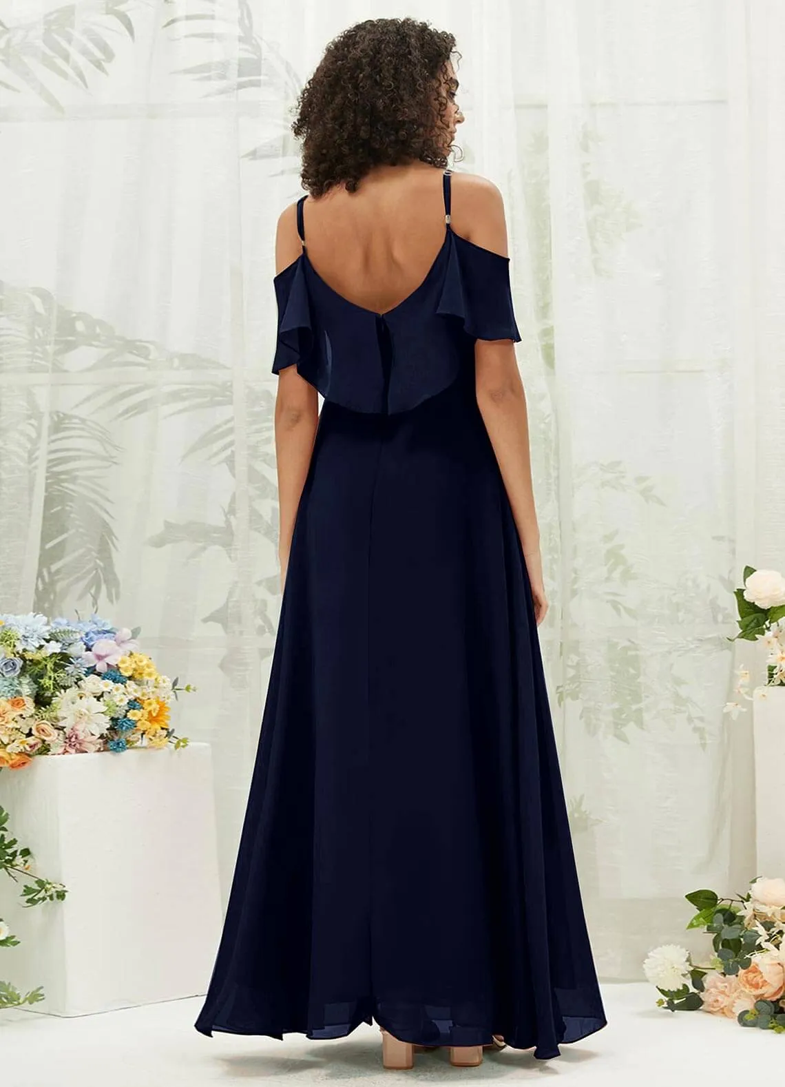 Dark Navy Chiffon Ruffle Cold Shoulder Sweetheart Bridesmaid Dress