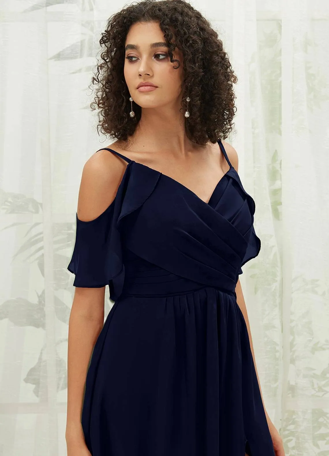 Dark Navy Chiffon Ruffle Cold Shoulder Sweetheart Bridesmaid Dress