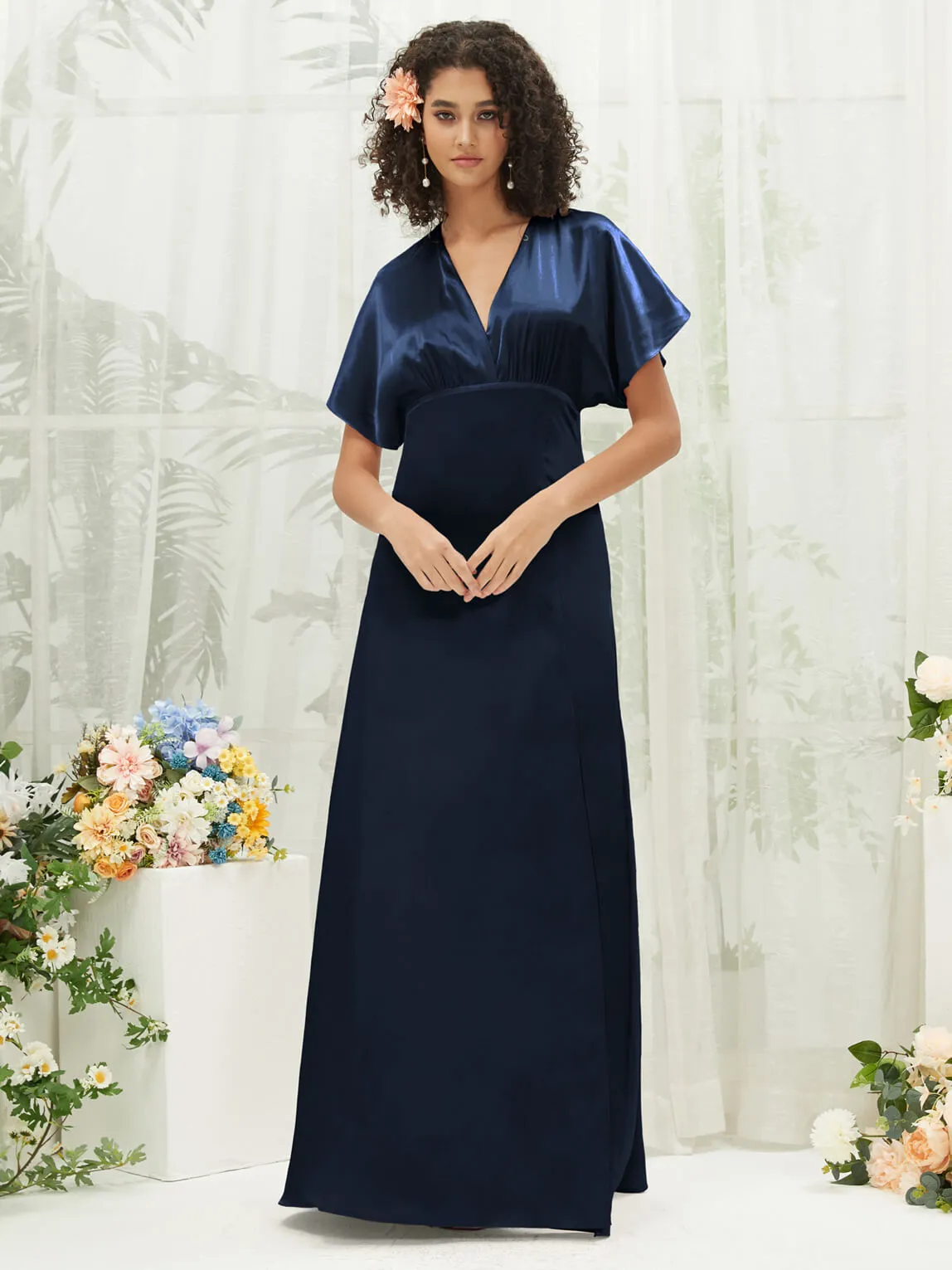 Dark Navy V-Neck Short Sleeve Satin Maxi Bridesmaid Dress With Slit