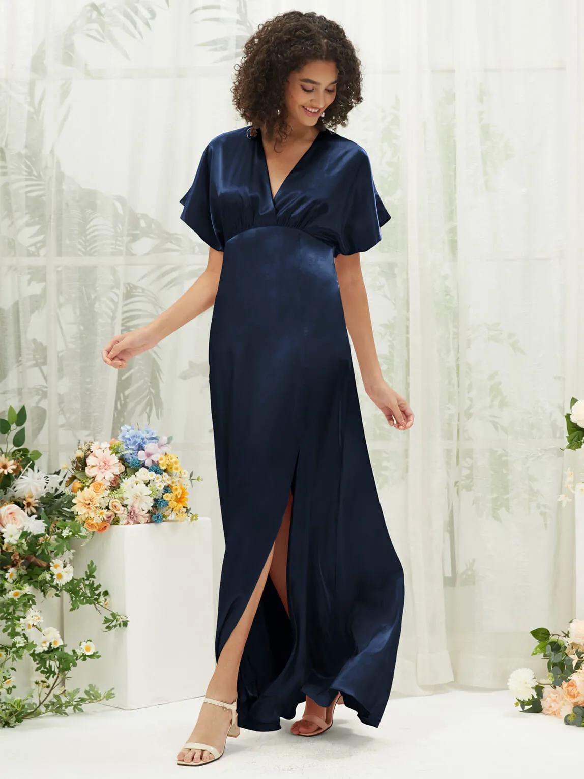 Dark Navy V-Neck Short Sleeve Satin Maxi Bridesmaid Dress With Slit