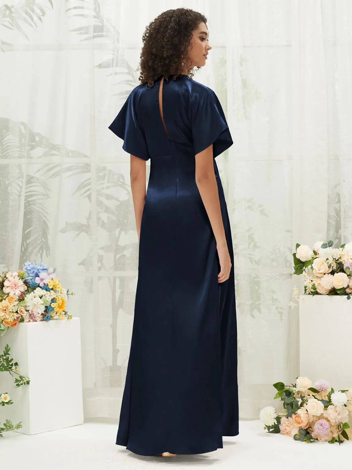 Dark Navy V-Neck Short Sleeve Satin Maxi Bridesmaid Dress With Slit