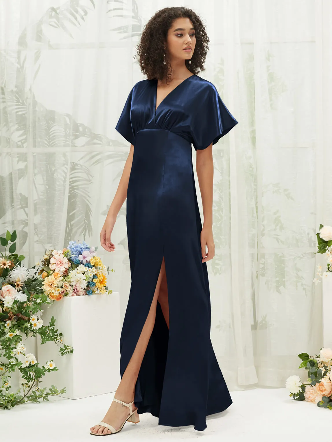 Dark Navy V-Neck Short Sleeve Satin Maxi Bridesmaid Dress With Slit