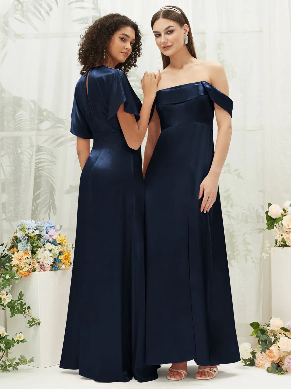 Dark Navy V-Neck Short Sleeve Satin Maxi Bridesmaid Dress With Slit