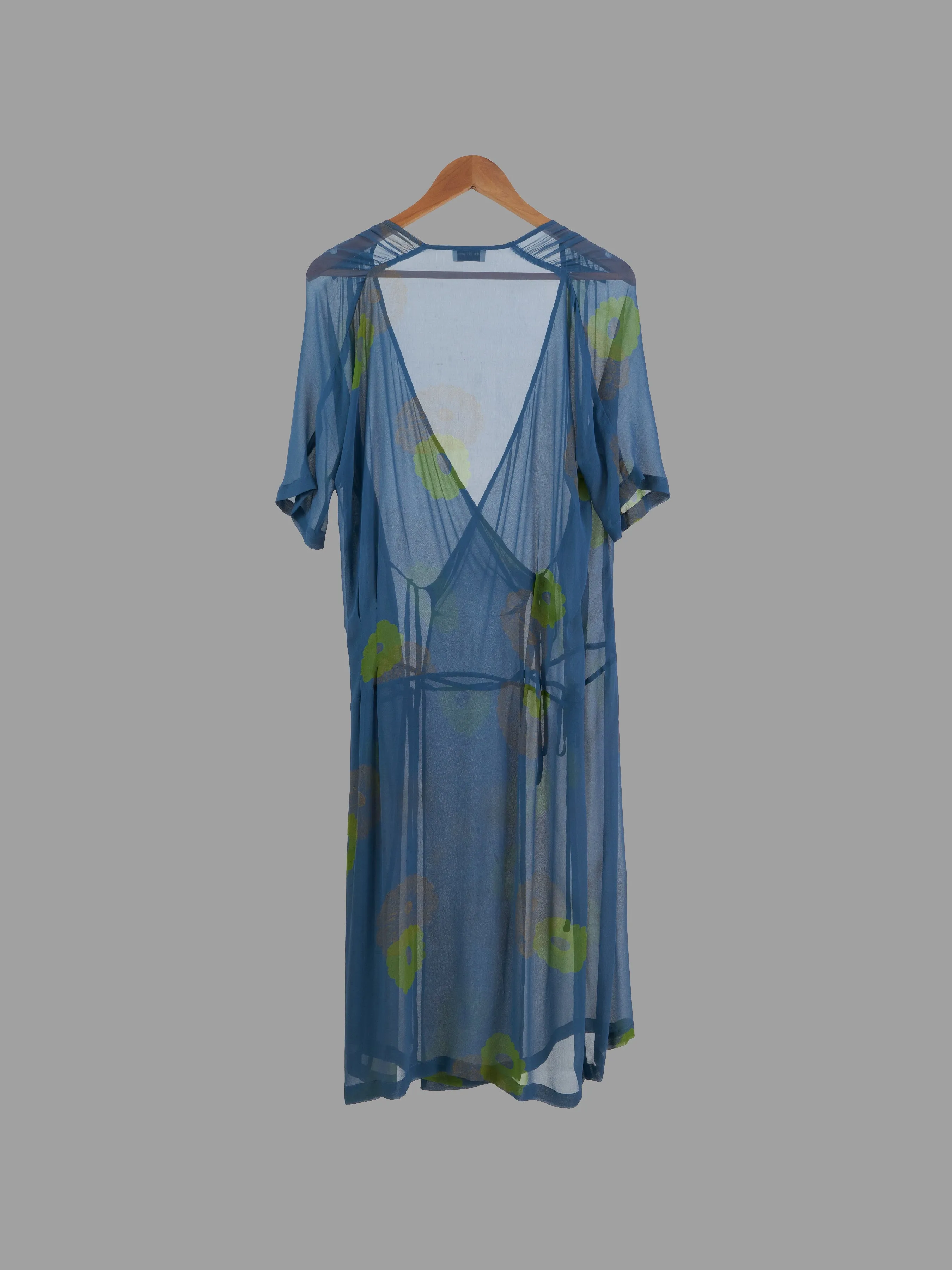 Dries Van Noten blue sheer silk wrap dress with lime floral print - size 40